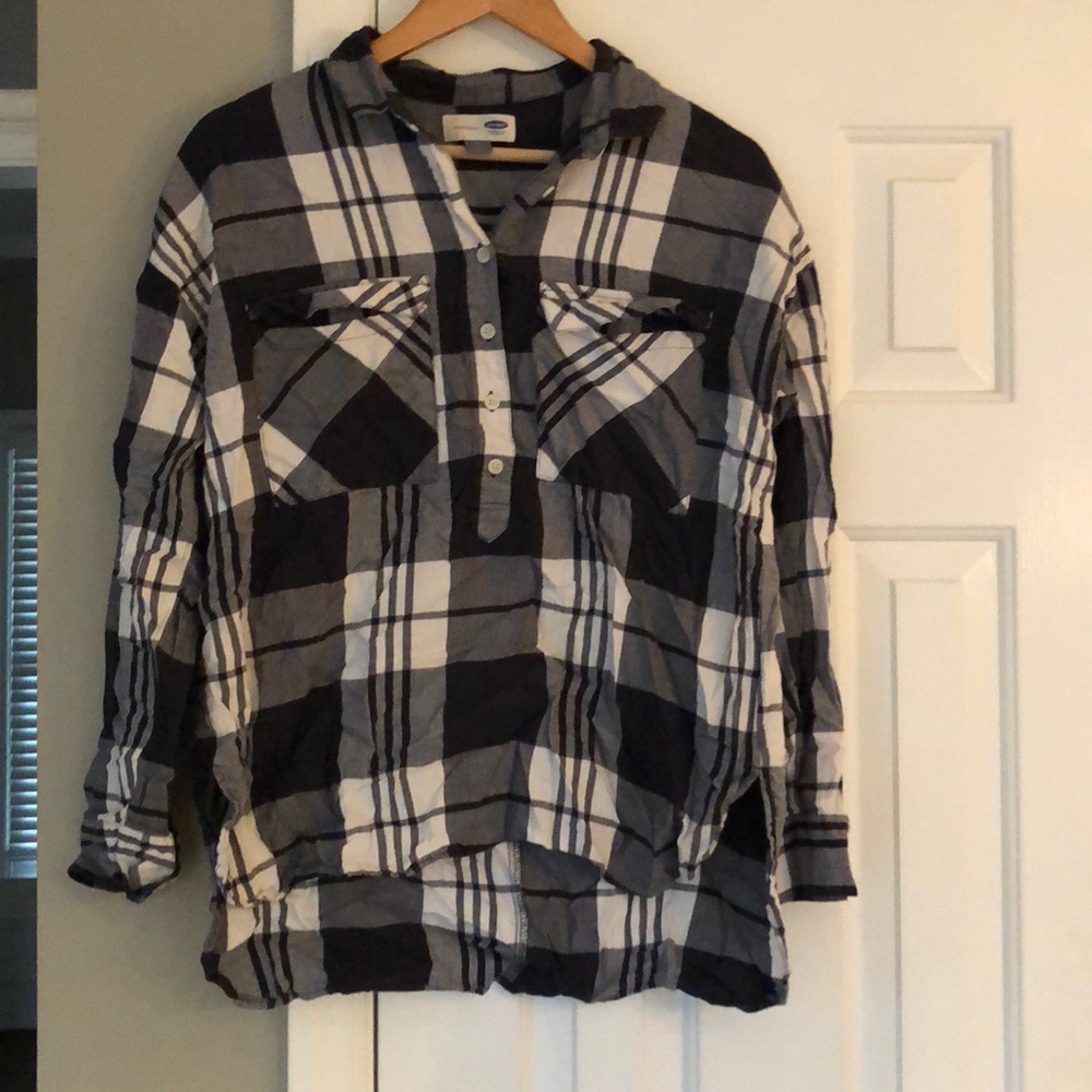 Navy & White Plaid Boyfriend Shirt